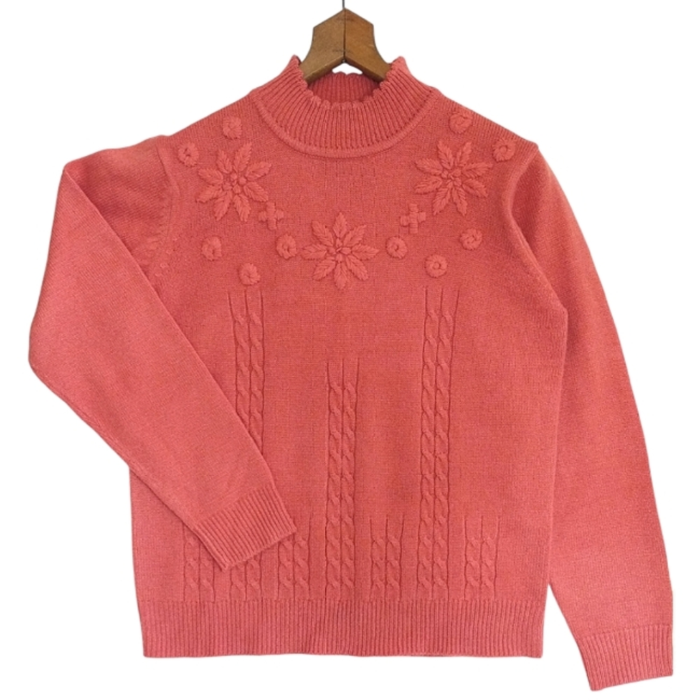 Vintage 90's Grandma Embroidered Cottagecore Turtle Neck Sweater Size M